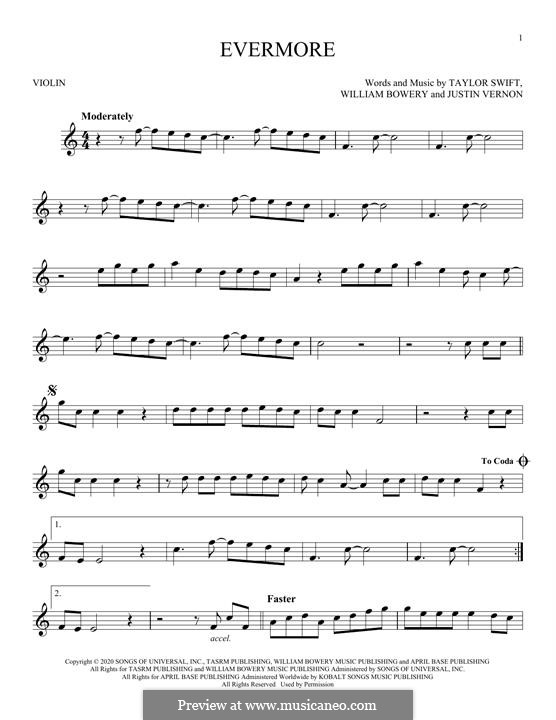Evermore (feat. Bon Iver): Für Violine by Justin Vernon, Taylor Swift, William Bowery