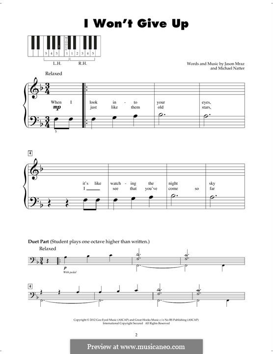 I Won't Give Up: Für Klavier by Jason Mraz, Michael Natter