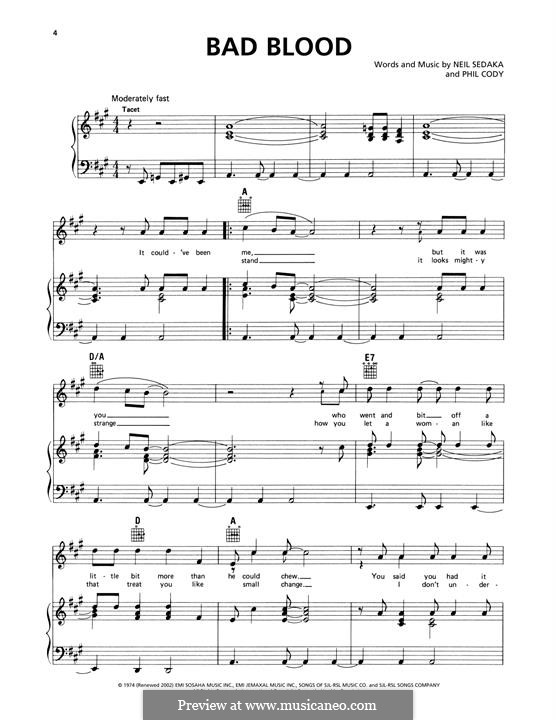 Bad Blood: Für Stimme und Klavier (oder Gitarre) by Neil Sedaka, Philip Cody