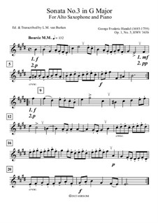 Sonate für Flöte und Cembalo in G-Dur, HWV 363b Op.1 No.5: Bourée, for alto saxophone and piano by Georg Friedrich Händel