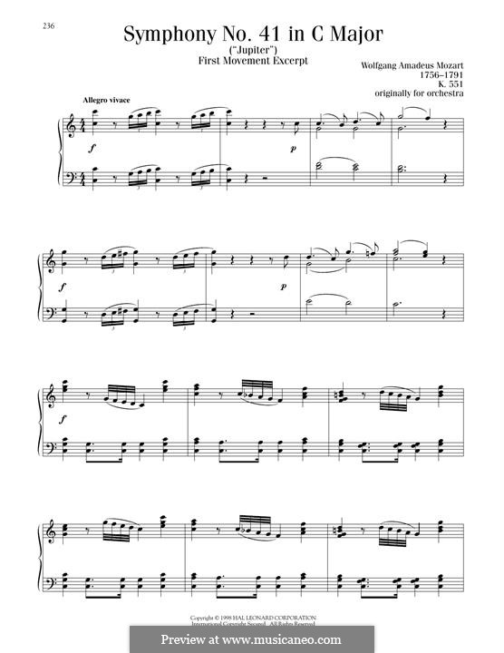 Sinfonie Nr.41 in C-Dur 'Jupiter', K.551: Movement I, Excerpt, for piano by Wolfgang Amadeus Mozart