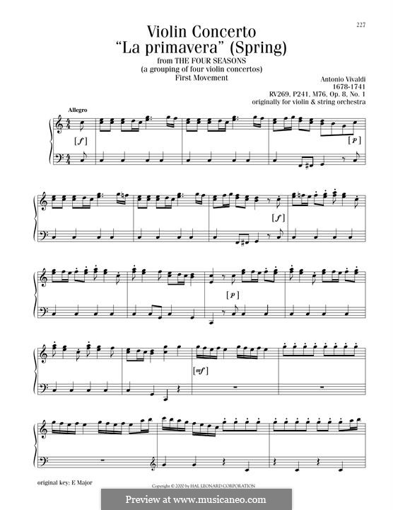 Violin Concerto No.1 in E Major 'La primavera' (Printable Scores), RV 269: Movement I (Theme), for piano by Antonio Vivaldi