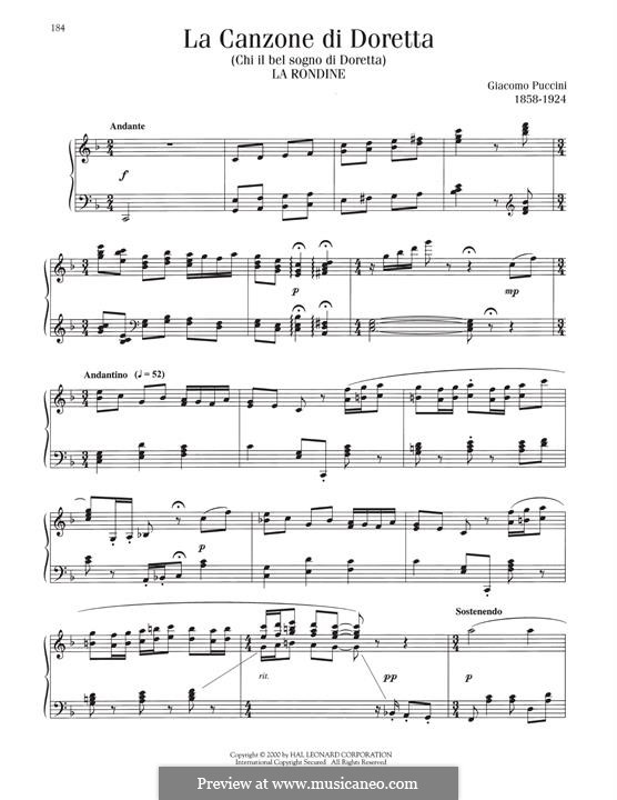 La Rondine: Doretta's Dream (Canzone di Doretta), for piano by Giacomo Puccini