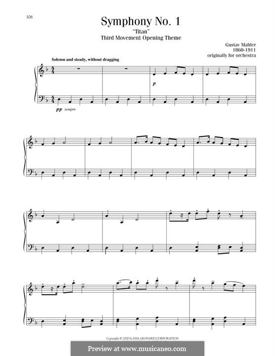 Sinfonie Nr.1 in D-Dur 'Der Titan': Movement III, opening theme, for piano by Gustav Mahler