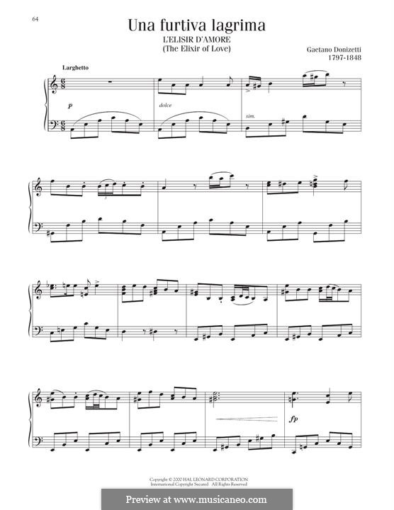 Der Liebestrank: Act II, Romance Nemorino 'Una furtiva lagrima', for piano by Gaetano Donizetti