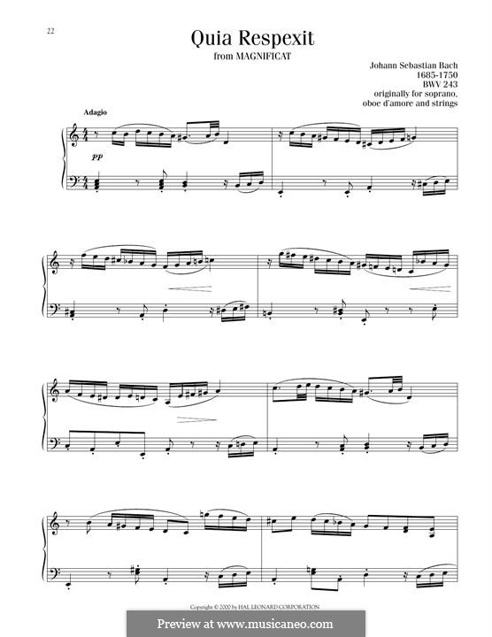 Magnificat in D-Dur, BWV 243: Quia respexit, for piano by Johann Sebastian Bach