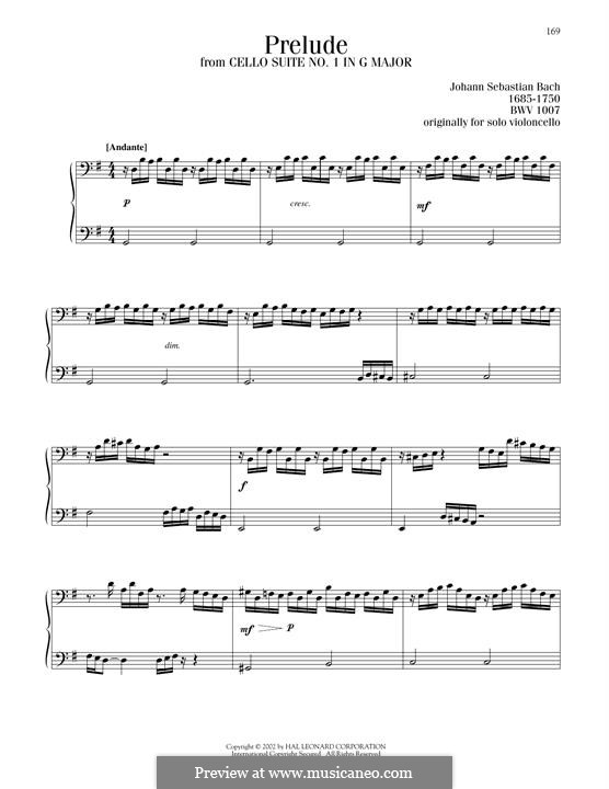 Suite für Cello Nr.1 in G-Dur, BWV 1007: Prelude. Version for piano by Johann Sebastian Bach