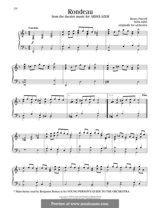 Abdelazer, oder Die Rache der Mauren, Z.570: Rondo. Arrangement for piano by Henry Purcell
