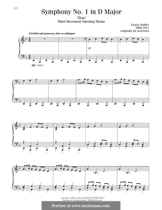 Sinfonie Nr.1 in D-Dur 'Der Titan': Movement III, opening theme, for piano by Gustav Mahler