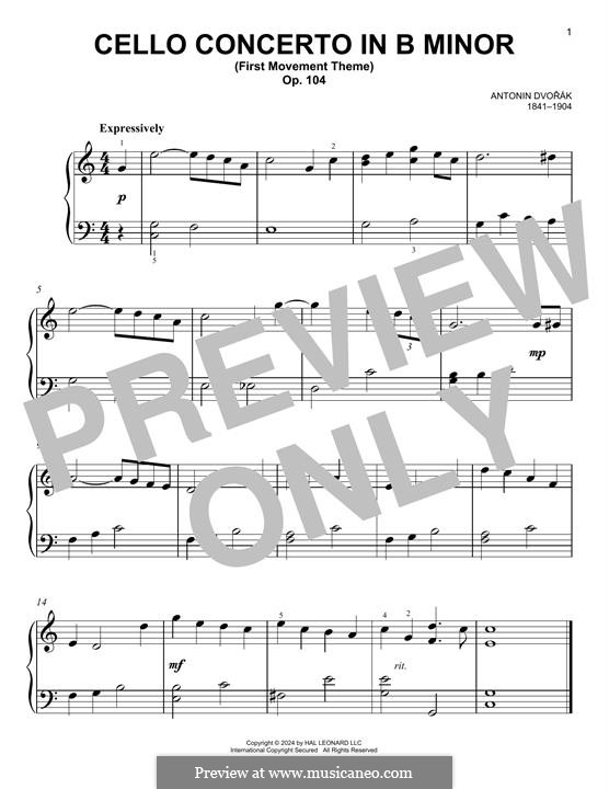 Konzert für Cello und Orchester in h-Moll, B.191 Op.104: Movement I, theme, for piano by Antonín Dvořák