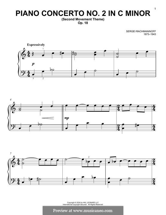 Klavierkonzert Nr.2 in c-Moll, Op.18: Movement II, theme, for piano by Sergei Rachmaninoff