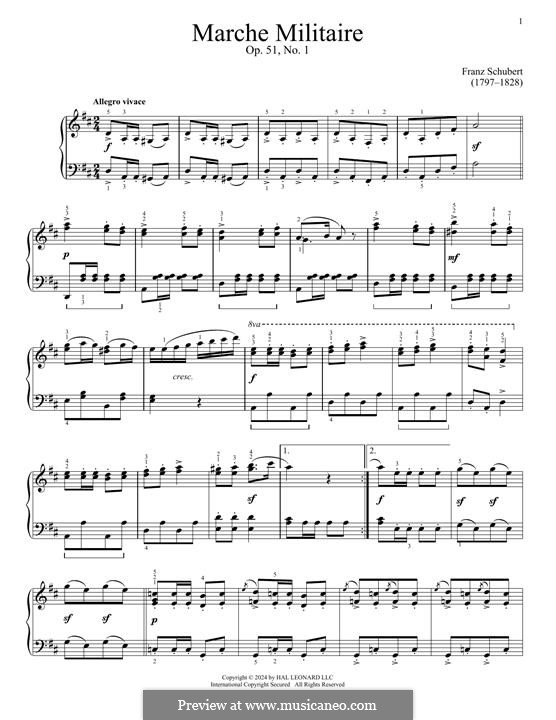 Drei militärische Marsche für Klavier, vierhändig, D.733 Op.51: March No.1, for piano by Franz Schubert