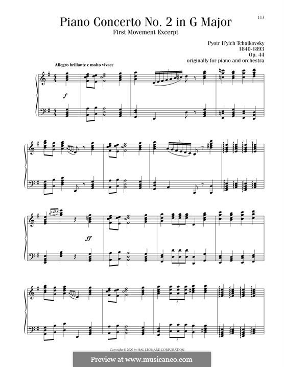 Konzert für Klavier und Orchester Nr.2 in G-Dur, TH 60 Op.44: Movement I, excerpt, for piano by Pjotr Tschaikowski