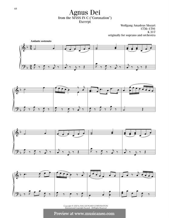 Krönungsmesse Nr.15 in C-Dur, K.317: Agnus Dei (excerpt), for piano by Wolfgang Amadeus Mozart