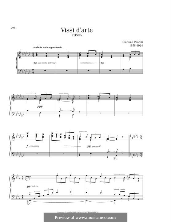 Tosca: Vissi d'arte, for piano by Giacomo Puccini