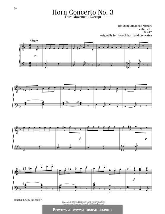 Konzert für Horn und Orchester Nr.3 in Es-Dur, K.447: Movement 3, excerpt, for piano by Wolfgang Amadeus Mozart