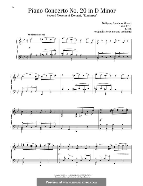 Konzert für Klavier und Orchester Nr.20 in d-Moll, K.466: Teil II (Excerpt). Version for piano by Wolfgang Amadeus Mozart