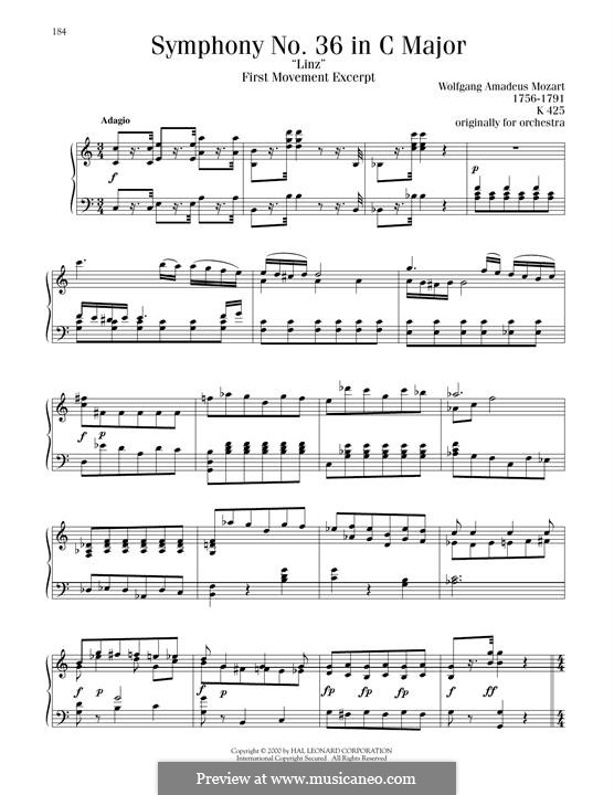 Sinfonie Nr.36 in C-Dur, K.425: Movement I, excerpt, for piano by Wolfgang Amadeus Mozart