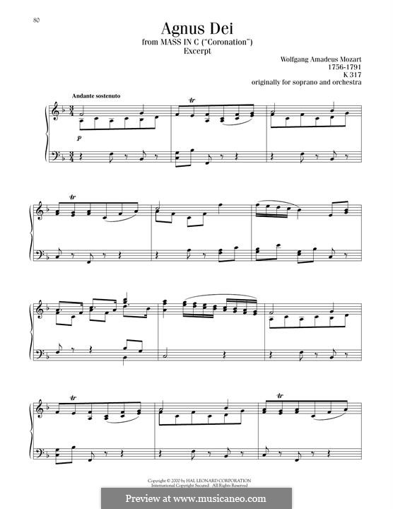 Krönungsmesse Nr.15 in C-Dur, K.317: Agnus Dei (excerpt), for piano by Wolfgang Amadeus Mozart