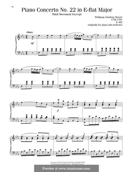 Konzert für Klavier und Orchester Nr.22 in Es-Dur, K.482: Movement III, excerpt, for piano by Wolfgang Amadeus Mozart