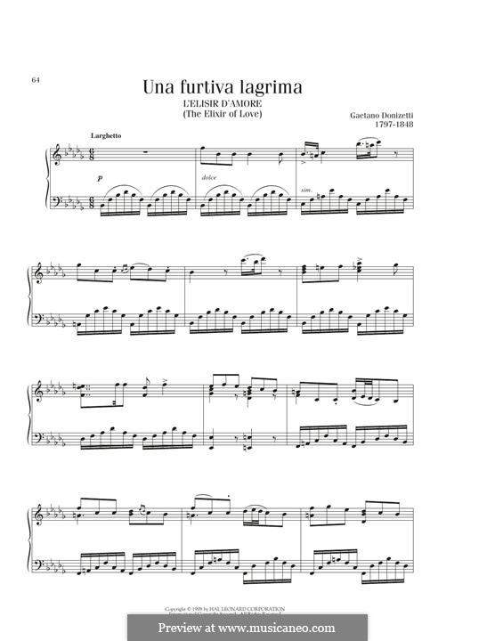 Der Liebestrank: Act II, Romance Nemorino 'Una furtiva lagrima', for piano by Gaetano Donizetti