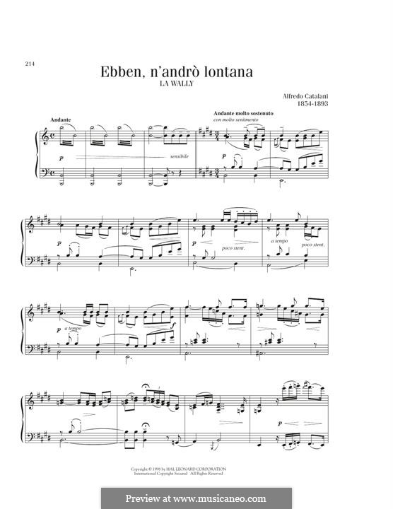 La Wally: Ebben? Ne Andro Lontana, for piano by Alfredo Catalani