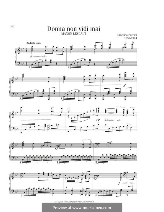 Manon Lescaut : Donna non vidi mai, for piano by Giacomo Puccini