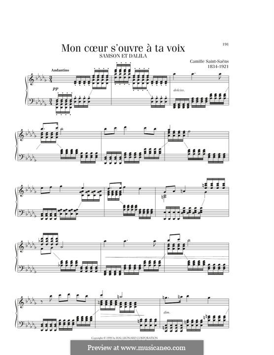 Samson und Dalila, Op.47: Mon Coeur s'ouvre à ta voix, for piano by Camille Saint-Saëns