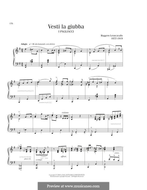 Pagliacci (Der Bajazzo): Vesti la Giubba, for piano by Ruggero Leoncavallo