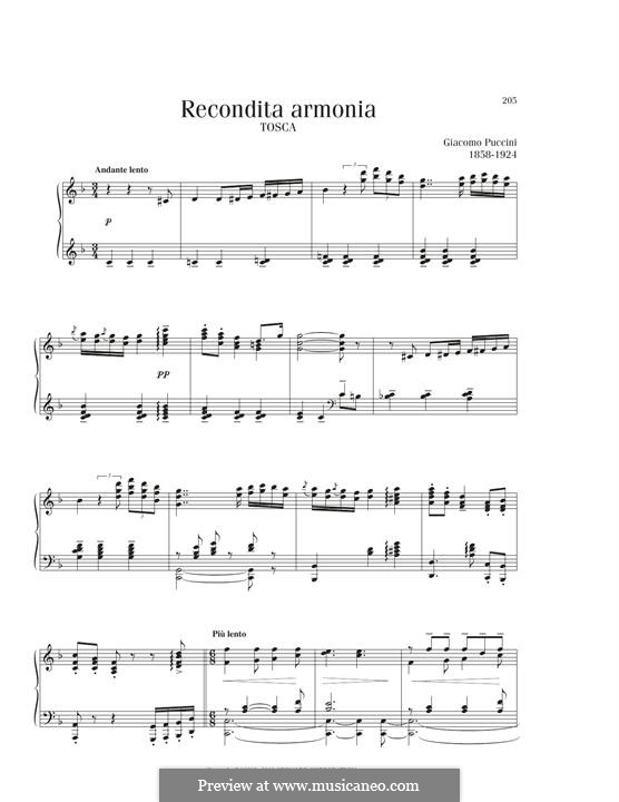 Tosca: Recondita armonia, for piano by Giacomo Puccini