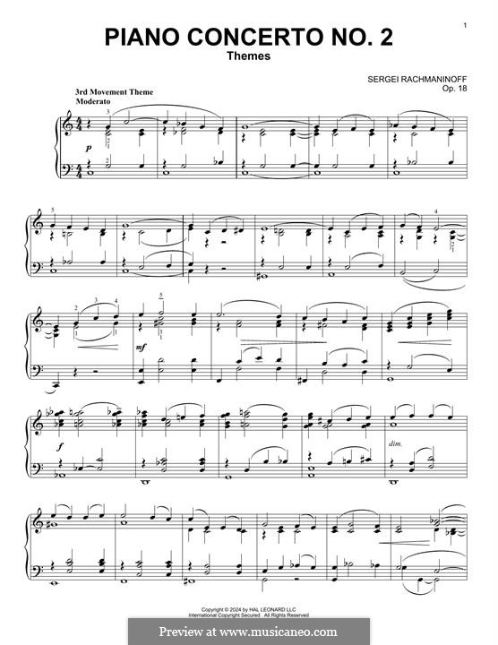Klavierkonzert Nr.2 in c-Moll, Op.18: Movement III (Theme). Arrangement for piano by Sergei Rachmaninoff