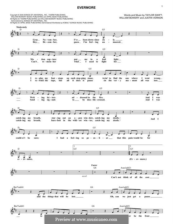 Evermore (feat. Bon Iver): Für Keyboard by Justin Vernon, Taylor Swift, William Bowery