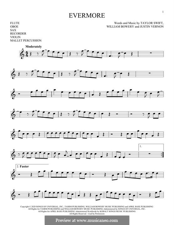 Evermore (feat. Bon Iver): Für Flöte by Justin Vernon, Taylor Swift, William Bowery