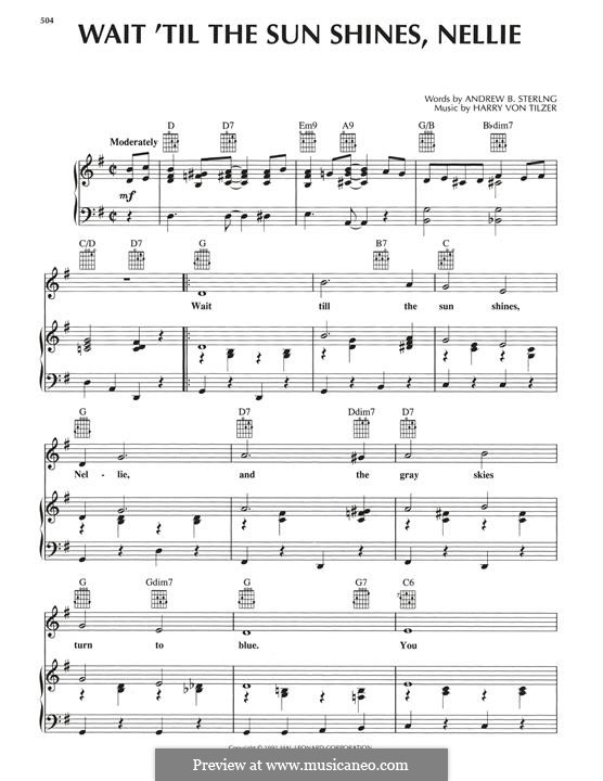Wait 'Til the Sun Shines, Nellie: Für Stimme und Klavier (oder Gitarre) by Harry von Tilzer