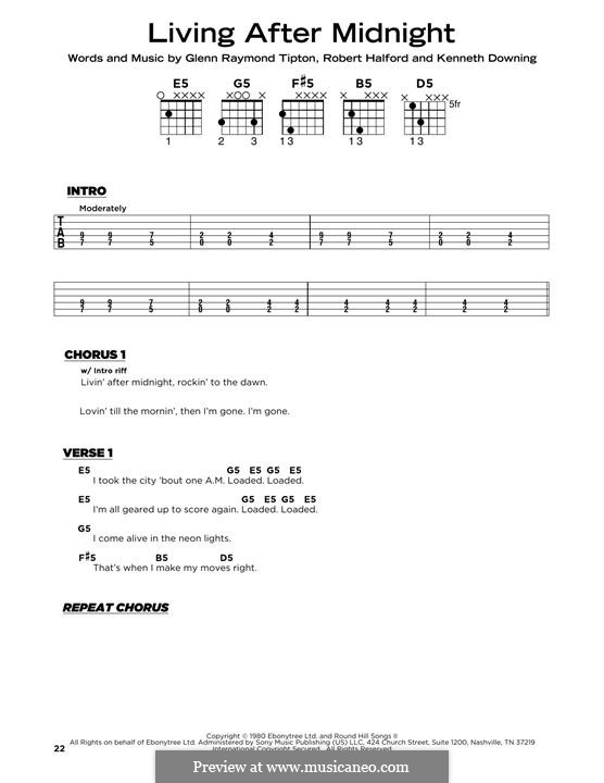 Living After Midnight (Judas Priest): Lyrics and guitar chords by Glenn Tipton, K. K. Downing, Robert Halford