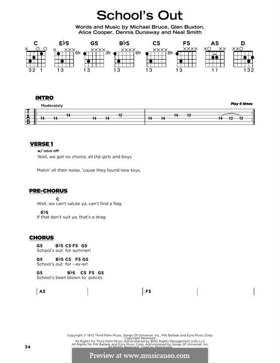 School's Out: Lyrics and guitar chords by Alice Cooper, Dennis Dunaway, Glen Buxton, Michael Bruce, Neal Smith