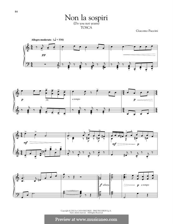 Tosca: Non la sospiri la nostra casetta, for piano by Giacomo Puccini