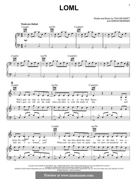 Loml (Taylor Swift): Für Stimme und Klavier (oder Gitarre) by Aaron Dessner
