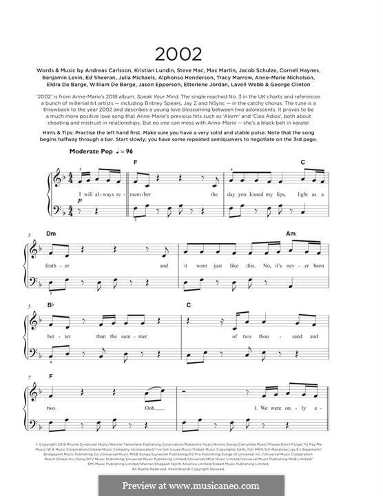 2002 (Anne-Marie): Für Klavier by Ed Sheeran, Andreas Carlsson, Benjamin Levin, Cornell Haynes, Etterlene Jordan, George Clinton, Jacob Schulze, Kristian Lundin, Max Martin, Steve Mac