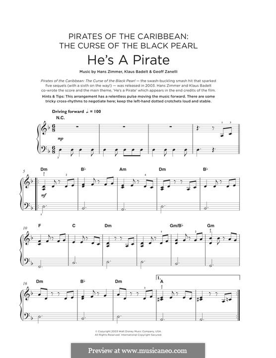 He's a Pirate (from Pirates of the Caribbean: The Curse of the Black Pearl): Für Klavier by Klaus Badelt