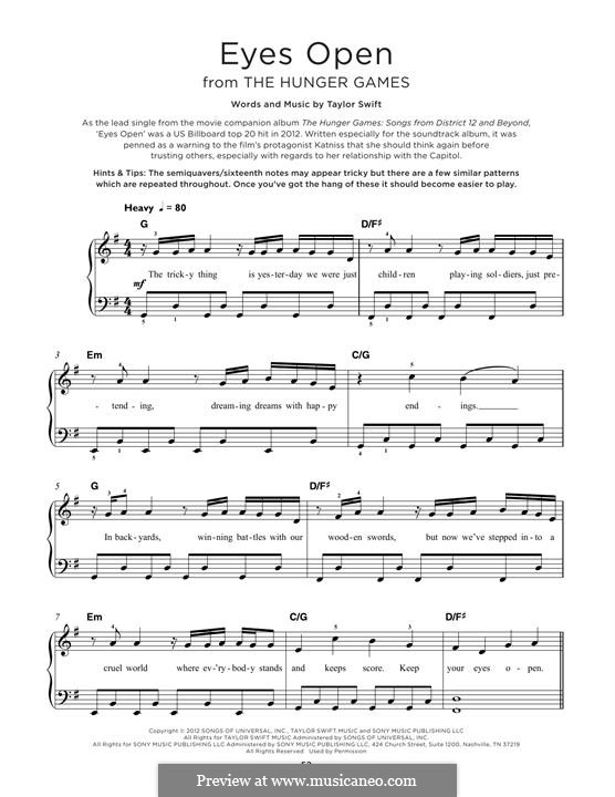 Eyes Open (from The Hunger Games): Für Klavier by Taylor Swift