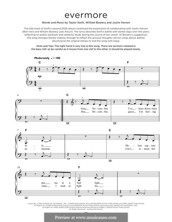 Evermore (feat. Bon Iver): Für Klavier by Justin Vernon, Taylor Swift, William Bowery