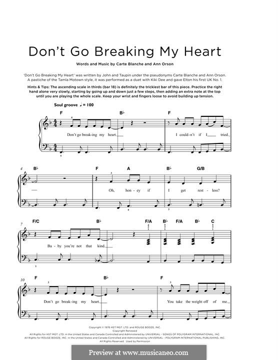 Don't Go Breaking My Heart (Elton John): Für Klavier by Ann Orson, Carte Blanche