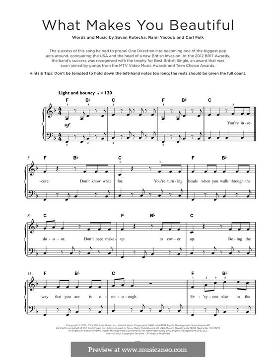 What Makes You Beautiful (One Direction): Für Klavier, leicht by Carl Falk, Savan Kotecha