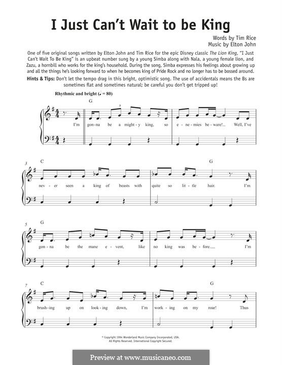 I Just Can't Wait To Be King (from The Lion King): Für Klavier by Elton John