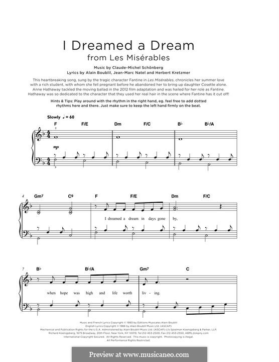 I Dreamed a Dream, for Piano: Für einen Interpreten by Claude-Michel Schönberg