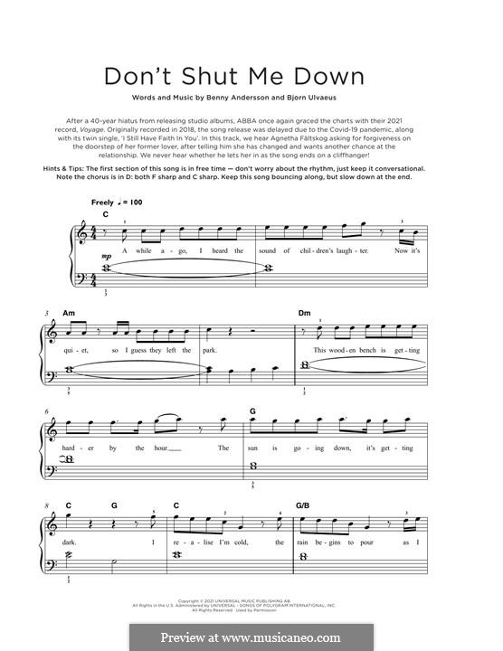 Don't Shut Me Down (ABBA): Für Klavier by Benny Andersson, Björn Ulvaeus
