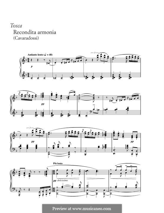 Tosca: Recondita armonia, for piano by Giacomo Puccini