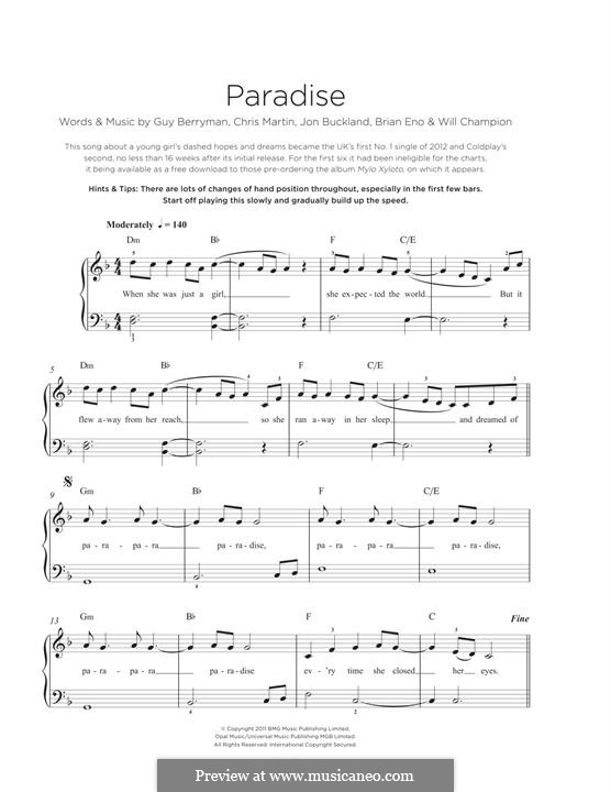 Paradise (Coldplay): Für Klavier by Brian Eno, Chris Martin, Guy Berryman, Jonny Buckland, Will Champion