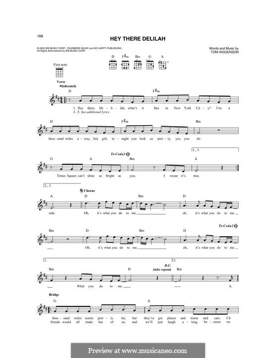 Hey There Delilah (Plain White T's): For mandolin by Tom Higgenson